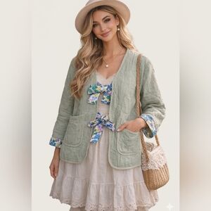 Quilted Sage Green Floral Bow Tie Front‎  Cottagecore  Chore Jacket  L/XL NWT